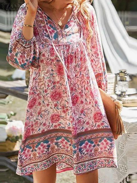 ZANZEA V - Neck Short Sleeve Floral Printed Sundress