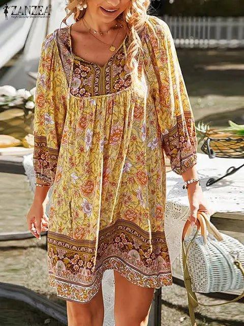 ZANZEA V - Neck Short Sleeve Floral Printed Sundress