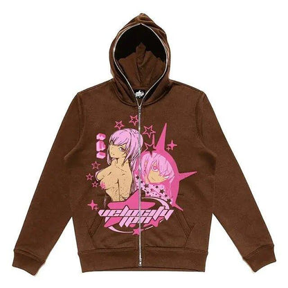 Zip - Up Hoodie featuring captivating Y2K anime graphics